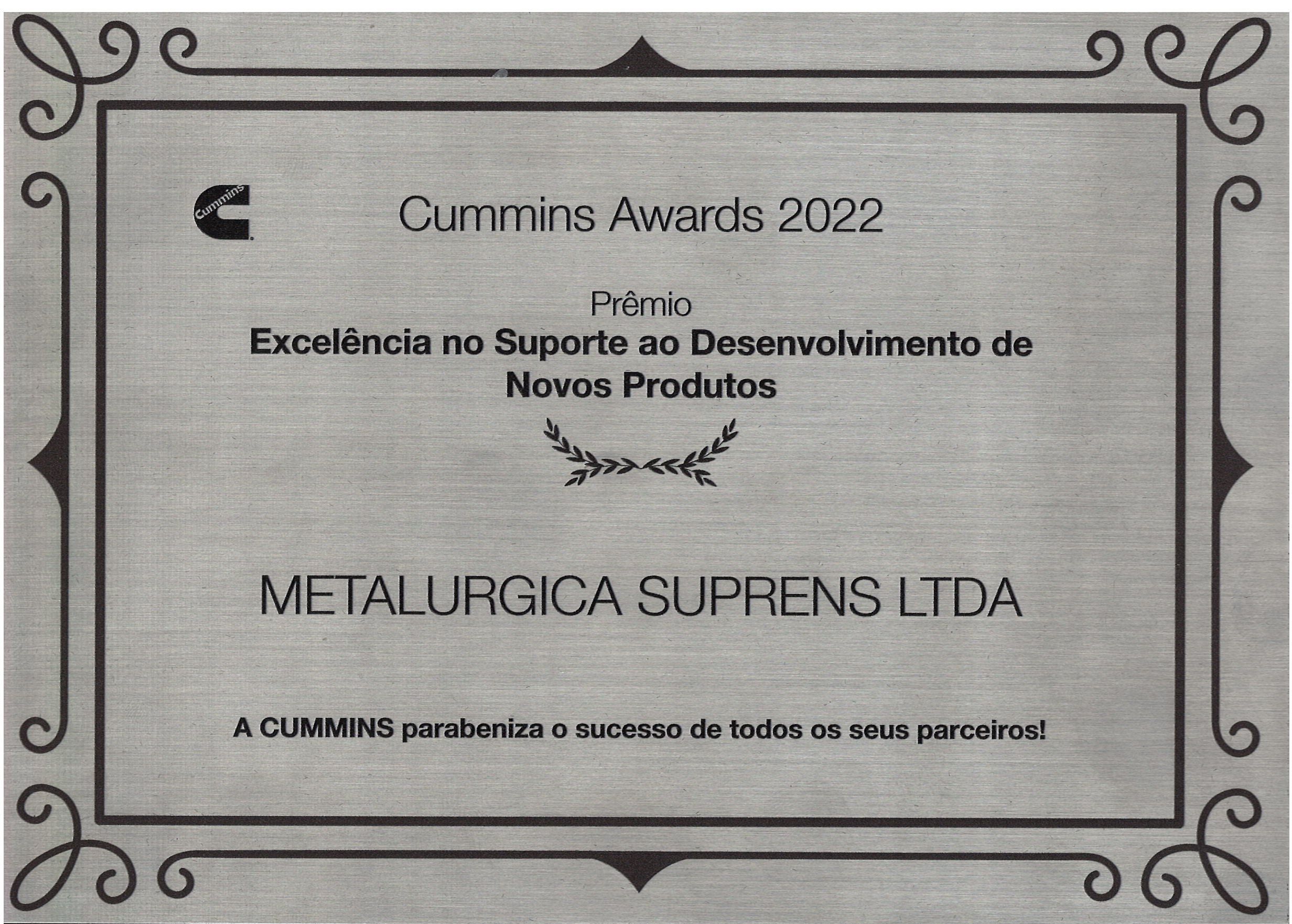 Placa Cummins Awards 2022 — Premio Excelencia en Soporte al Desarrollo de Nuevos Productos
