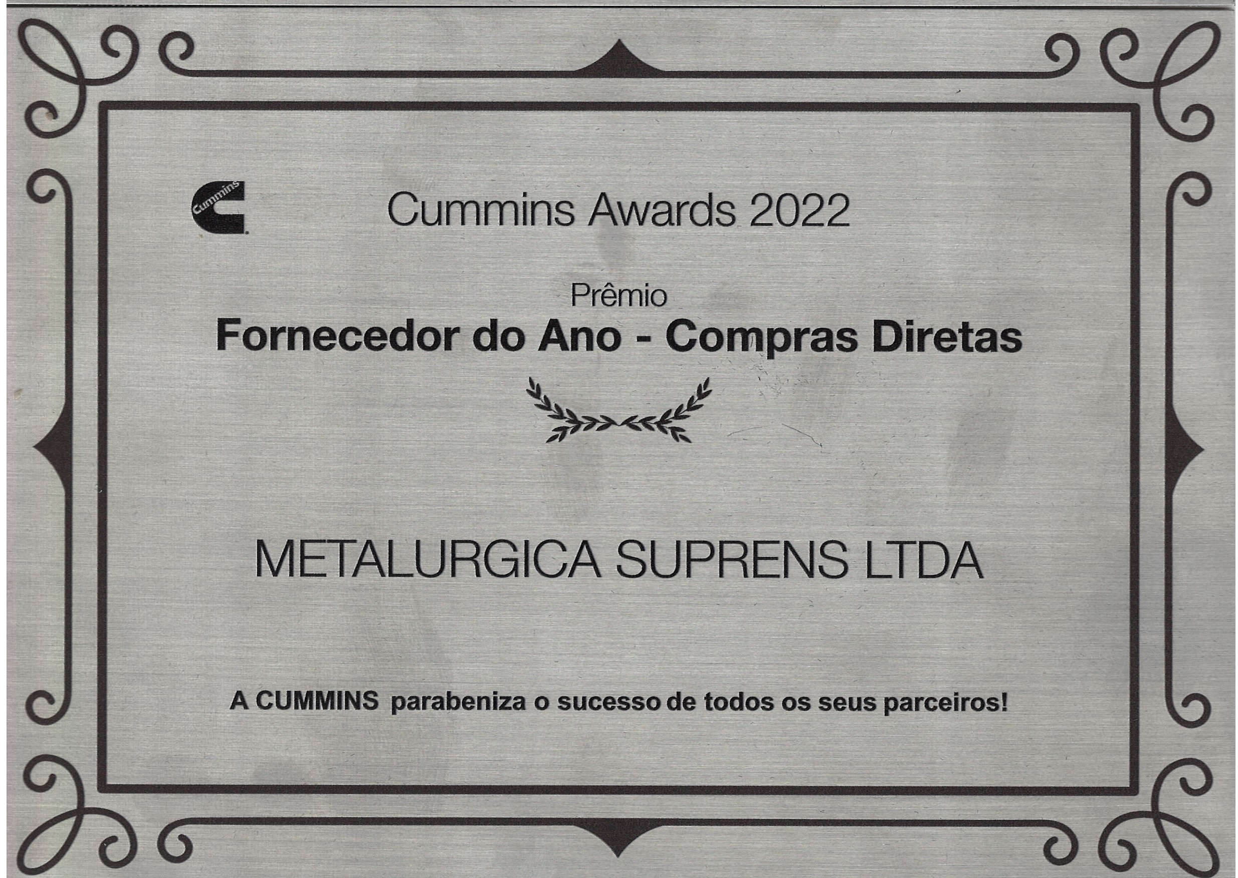 Placa Cummins Awards 2022 — Premio Proveedor del Año, Compras Directas